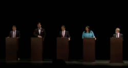 Three candidates running to the right, one trying to be visible—and Aaron Peskin